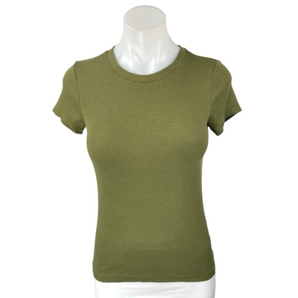 Club Monaco Women's Green Rib Knit Short Sleeve Crew Neck Stretch T-Shirt Top S - Picture 1 of 4